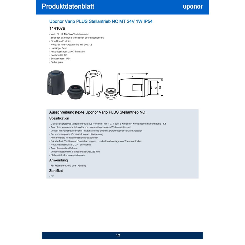 Uponor Vario Actuator NC MT 1W IP54 24 Volt (1141679)
