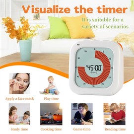 Visual Timer for Kids, 60-Minute Countdown Timer with LCD Display, Pomodoro Timer for Kitchen,Working,Classroom, Timer with Silent Mode for Autism/ADHD (White)