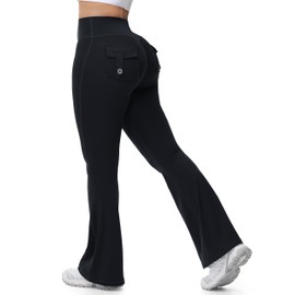 Tapata Flare Leggings for Women 28" Petite Inseam Butt Lift Yoga Pants with Pockets Gym Scrunch Workout, Black, XL