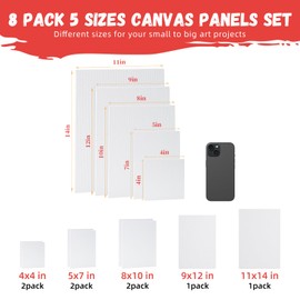 Simetufy 8 Pack Canvas Boards for Painting Multi-Size Paint Canvas Panels Set 4x4, 5x7, 8x10, 9x12, 11x14 Inches Pre-Primed 100% Cotton Blank Canvases for Oil Acrylic Paint for Kids Beginners