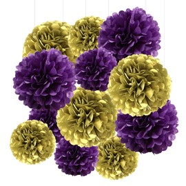 Purple and Gold Tissue Paper Pom Poms,Hanging Paper Pompoms Flower Ball Wedding Birthday Party Decoration （6Pcs 12in Pom Pom & 6Pcs 10in Pom Pom）