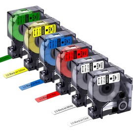 6X Replace for DYMO Label Maker Refills D1 1/2 Inch x 23Ft Black on Colored | Yellow/Red/Blue/Green/Clear/White, Compatible with Dymo D1 Label Tape