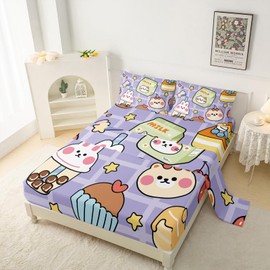 QOOMO Kawaii Bear Sheet Set,Kawaii Kids Bed Sheets,Cute Bear 16" Deep Pocket Bed Sheet Set for Boys/Girls/Kids/Teens，4 Piece Sheet Set, 1 Fitted Sheet,1 Flat Sheet and 2 Pillowcases，Queen Size