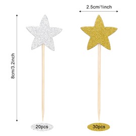 Pistha 50 Pcs Star Cupcake Toppers Glitter Twinkle Star Cupcake Picks for Wedding Baby Shower Birthday Party(Gold,Silver)