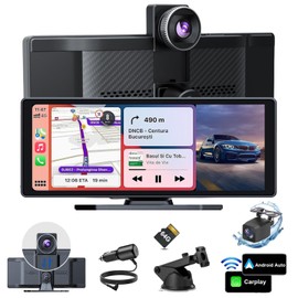 Portable Carplay Screen for Car with 4K Dash Cam, 10" Car Stereo Wireless Carplay & Android Included 64GB Card, 1080P Backup Camera with Touch Screen, Voice Control, Mirror Link, Music Play, GPS, AUX