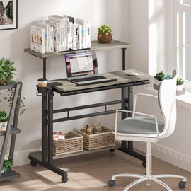 Panta Mobile Standing Desk, Adjustable Rolling Computer Desk with 3 Desktops, Portable Laptop Table with Cup Holder, Home Office Laptop Workstation on Lockable Wheels, Grey Oak