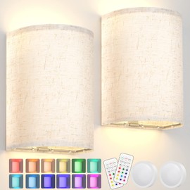 Rechargeable Wall Sconce Magnetic Wireless Lamp RGB Colors Dimmable with Fabric Linen Shade and Remote, Lighting Decor Set of 2 for Bedroom Living Room Hallway