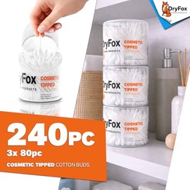 DryFox Cosmetic Tipped Cotton Buds 240pc (3x 80pc Box) Pointed Tip + Rounded Tip | Ideal for Health & Beauty, Make-Up, Nail Art Polish, Cosmetics, Personal Care. Made from 100% Paper