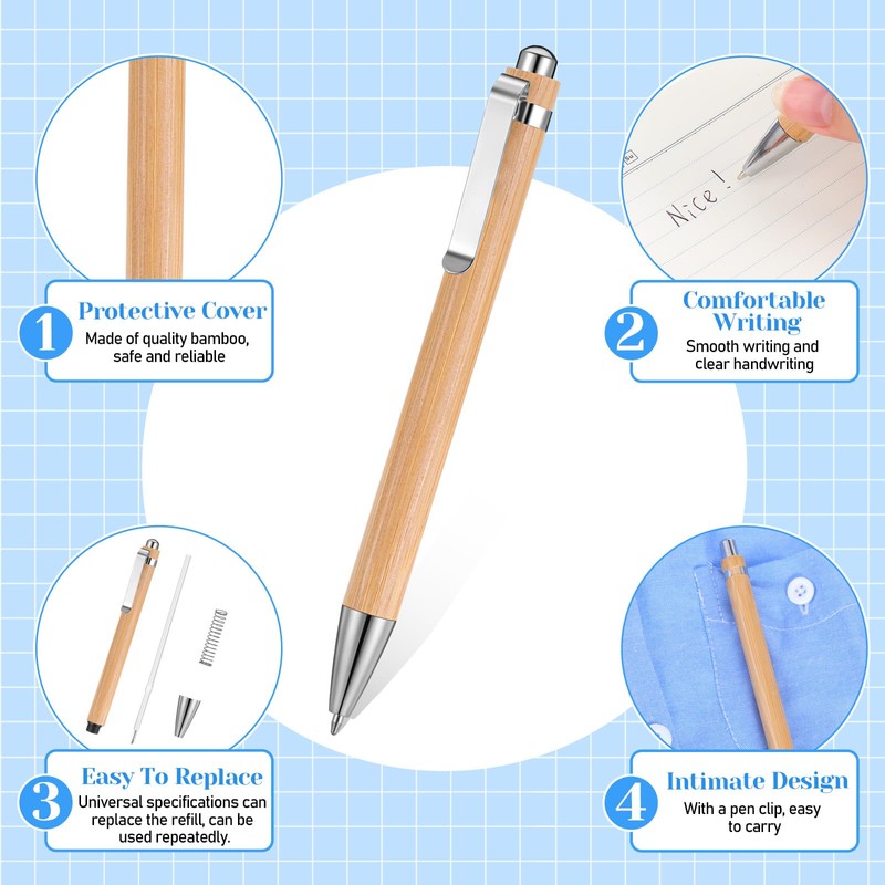 100 Bamboo Pens Bulk Wooden Retractable Ballpoint Pen Black Ink