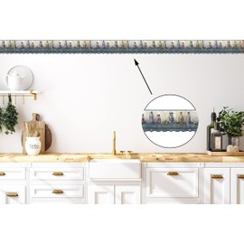 CONCORD WALLCOVERINGS ™ Wallpaper Border Kitchen Pattern Bottles Flowers on Wooden Shell for Kitchen Dining Area Cottage, Grey Blue Yellow Green Red Brown, 8 Inches by 15 Feet HM79353N