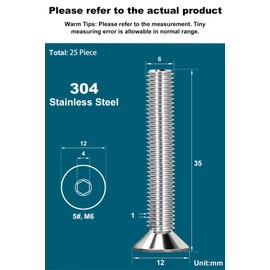 Drenky Pack of 25 M6 x 35 mm Countersunk Screws Stainless Steel V2A VA A2 Countersunk Screws with Hexagon Socket DIN 7991 / ISO 10642 Thread Screws Rustproof Silver Screws Metric Standard Thread