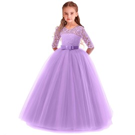 IZKIZF Flower Girls 3/4 Sleeve Lace Bowknot Princess Wedding Tulle Dress Birthday Communion Pageant Party Ball Maxi Gown Purple 9-10T
