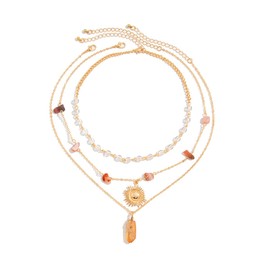 Systechy Irregular Stone Pendant Necklace for Women Bohemian Gravel Pendant Choker Multi Layer Sun Pendant Tassel Necklace Adjustable Choker Unique Gift for Her Festival Accessories (Gold)