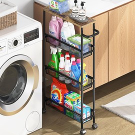 KINGRACK Slim Rolling Storage Cart, 4 Tier Narrow Utility Cart Bathroom Organizer Shelving Unit with Wooden Top and Handle, for Laundry Room,Office, Kitchen, Black