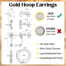 Thunaraz Gold Earrings for Women Trendy Dainty Hoop Earrings 14K Gold Plated Stud Earrings Small Double Hoop Earrings Lightweight Huggie Cartilage Earrings Set Gold Jewelry Silver-Moon
