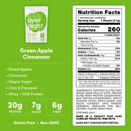 Oats Overnight Green Apple Cinnamon - Overnight Oats with 20g Protein, High Fiber Breakfast Protein Shake - Gluten Free Oatmeal, Non GMO High Protein Oatmeal (2.6 oz per Meal) (24 Pack)