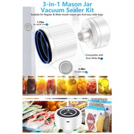 Carattime Electric Mason Jar Vacuum Sealer Kit Auto Stop Fully Automatic Fits Wide and Regular Mouth 3 IN 1 Design For Canning Jar And Sous Vide Bags