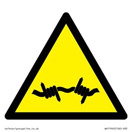 W033 Warning: Barbed wire Sign - 85x85mm - S85