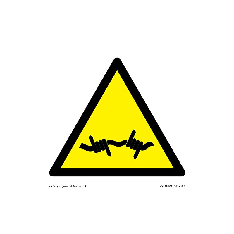 W033 Warning: Barbed wire Sign - 85x85mm - S85