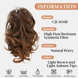 CJL HAIR Claw Clip Short Ponytail Hair Extensions Bendable Metals Messy Bun Hair piece Wavy Curly Fake Hairpieces (Light Brown and Light Auburn Tips, Curly,12inch)