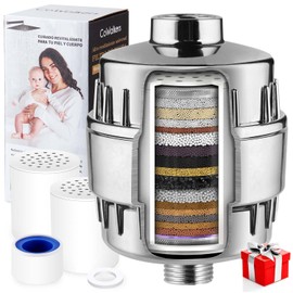 Filtro de Ducha para Baño - Sistema de 20 Etapas Universal con 2 Cartuchos Reemplazables - Elimina Cloro e Impurezas del Agua - Filtro Purificador de Agua para Regadera, Shower Filter (Plata)