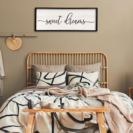 Sweet Dreams Wall Decor Above Bed 24''×10'' Master Bedroom Sweet Dreams Sign Farmhouse Wall Decor Guest Room Wood Rustic Framed Wall Art Hanging Decoration (Black)