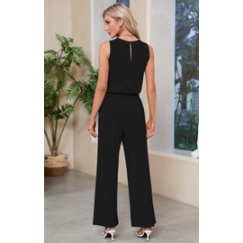 Sarin Mathews Air Essentials Jumpsuits for Women Casual Wide Leg Long Pants Jumpsuit Sleeveless Belted Rompers with Pockets Black L