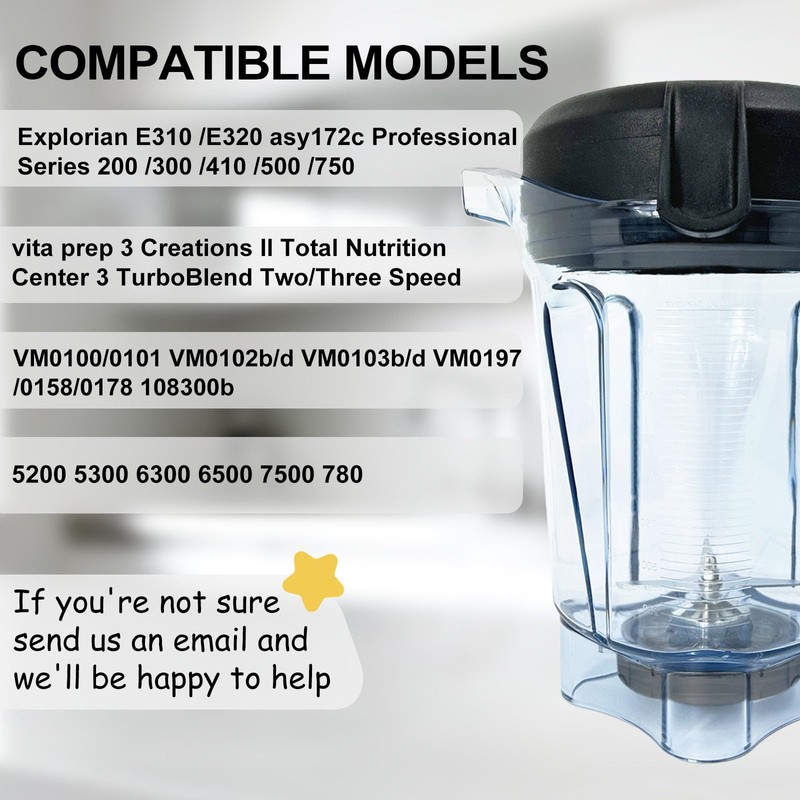 Blender Pitcher 64oz Low-Profile, Replacement Pitcher for 750 5200 7500