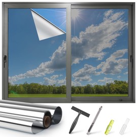 Kromapolis One Way Window Privacy Film Reflective Mirror Home Window Tint, Daytime Privacy Heat Control Anti UV Glass Tinting Static Cling (Silver, 45.2 x 157.4 inch)