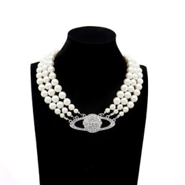 YuSaug Women's Pearl Necklace Saturn, Pearl Planet Necklace, Silver Saturn Pearl Necklace, Pearl Orb Choker - Silver, Pearl, Pearl