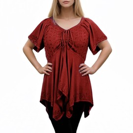 Agan Traders 2025 Summer Asymmetrical Handkerchief Diamond Neck Embroidered Tops - Empire Waist Cap Sleeve Women's Blouse (18605 B, L, Bg) Burgundy