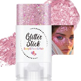 Rolling Body Glitter Stick, Chameleon Pink Sparkling Hair Face Glitter Makeup, Holographic Shimmer Chunky Sequins Face Paint Stick for Women Singer Concert Rave Festival Party