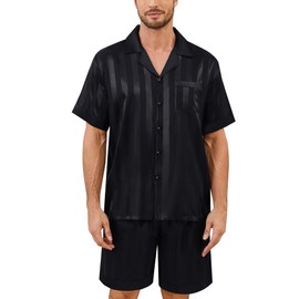 SWOMOG Men Satin Pajamas Set Silk Pjs Set Short Sleeve 2 PCS Button Down Sleepwear with Drawstring & Pockets S-3XL Black Stripe 3X-Large