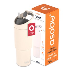 Asobu Cosmic Water Bottle - 32oz/1 ltr Stainless Steel Chilled Water Bottle, Secure Grip Handle, Ideal for Travel, Fits Cup Holders, Keeps Beverages Cold, white