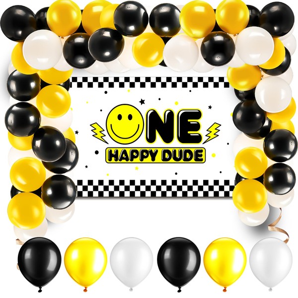 Norme 51 Pcs One Happy Dude Balloons Garland Arch Kits One Happy Birthday Party Photography Background 70 x 43 Inch with Checkered Smile Face for 1st Birthday Decorations Baby Toddler Party Decor