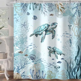Hjokiupt Sea Turtle Shower Curtain for Bathroom, Teal Blue Ocean Beach Coastal Decor Bath Curtains, Funny Animal Nautical Starfish Fish Waterproof Fabric Shower Curtain Sets 72x72in with Hooks