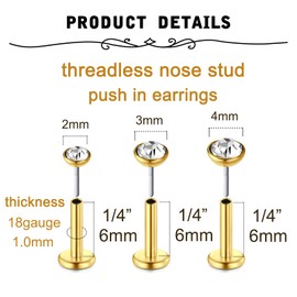MODRSA Gold Nose Stud Gold Nose Ring Stud Threadless Nose Stud Push in Nose Studs 18g Labret Nose Stud