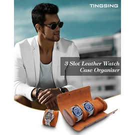 TINGSING Watch Travel Case with 3 Slots PU Leather Watch Roll for Men Watch Display Case with Removable Cushion Watch Holder Organizer for Watch Jewelry Mens Gift for Father's Day, Christmas