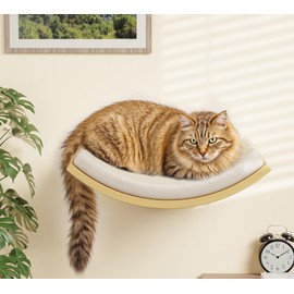 Wood Cat Wall Shelf with Soft Foam Cushion, Curved Cats Wall Bed for Large Cats, Floating Cat Perch for Sleeping & Climbing