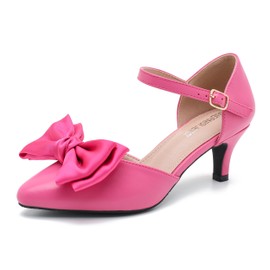 MAIERNISI JESSI Women's Bow Heels Closed Toe Kitten Heel Ankle Strap Dressy Wedding Pumps Hot Pink 44 - US 10.5