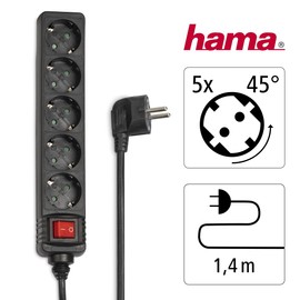 Hama Power Strip 5-Way (Multiple Socket 1.4 m, Includes Switch, Increased Touch Protection, Slots Rotated by 45 Degrees, Plug Strip GS Tested) Black
