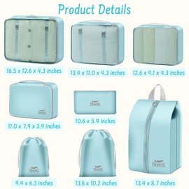 MOFELON Suitcase Organiser - 8 Pieces, Packing Cubes, Packing Cubes for Backpack, Travel Organiser Packing Bags Set with Clothes Bags, Shoe Bag, Laundry Bag, Cosmetic Bag, Travel Gadgets, Blue