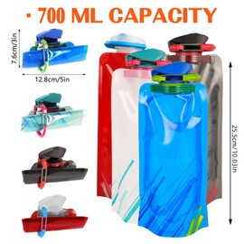 Pack of 4 Foldable Water Bottles, 700 ml Reusable Water Bottle with Screw Cap, Foldable Water Bottle, Flexible Collapsible Water Bottle for Hiking, Adventure, Travel