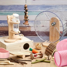Sonwyoung 20 Pcs Hamster Toys Set, 16 Small Animal Chewing Toys, Maze Wood House, Silent Exercise Running Wheels and Water Bottle Set Feeding Bowl for Hamster Habitat Rat Cage Accessories(Pink)