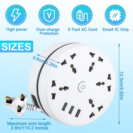 Rppiup Extension Lead with USB Slots, 2.8m Plug Extension Socket with 5-Outlet Surge, 3USB Ports, Rollable Retractable Travel Extension Lead, 2500W 10a Muti Power Strip