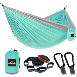 AnorTrek Hamaca de camping, súper ligera, portátil, para paracaídas con dos correas de árbol, hamaca de nailon simple o doble, para camping, mochilero, senderismo