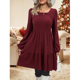 BIUBIU Women's Casual Knit Sweater Dress Square Neck Long Sleeve Knee Length Babydoll Dresses Trendy 2024(Wine red,L)