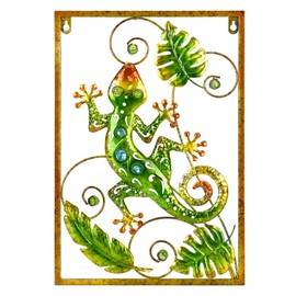 Manortang Gecko Metal Wall Decor 18 Inch Large Wall Art with Leaves, Tropical Decorations Indoor Outdoor for Garden,Fence,Patio,Porch,Bedroom,Living Room,Bathroom Green Lizard