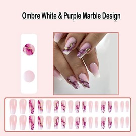 ANDGING Marble Press on Nails Coffin Short Medium Ombre White Purple Fake Nails with Gold Leaf Design Glue on Nails Acrylic False Nails for Women Girls Gel Stick on Nails for Birthday Wedding 24 Pcs
