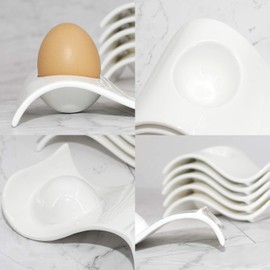 ChasBete Egg Cups Set of 4, Ceramic Egg Holder+ Boiled Egg Cutter, White Egg Cup Decor for Breakfast and Brunch